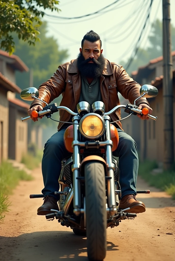 A strong man riding motorcycle in a village black beard leather jacket and shoes