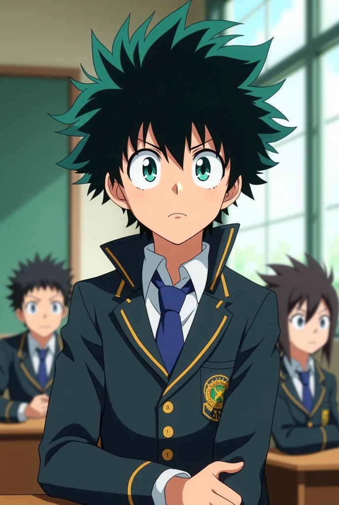 Screenshot of my hero academia.
Black haired boy with hair similar to Bakugo's, the expression is the same as Tsukishima from Haikyuu and he has greenish blue eyes, He is wearing the UA uniform.
In the background a UA class, He is sitting on top of the table.