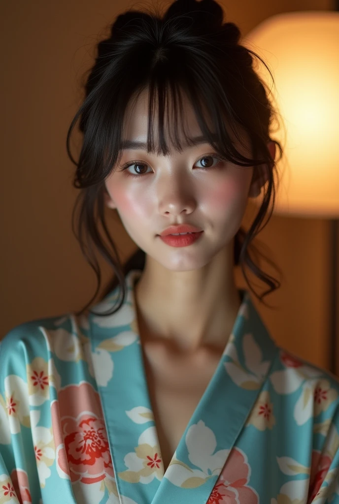 A very cute face like an idol、like々A 1 woman with a cute face、Gentle and cute、A kind smile、(((Japanese Yukata)))、((night))、Sleeping on a futon in a Japanese-style room (washitsu) of a ryokan.、Cleavage、(Full body portrait)、RAW Photos、Genuine、High resolution