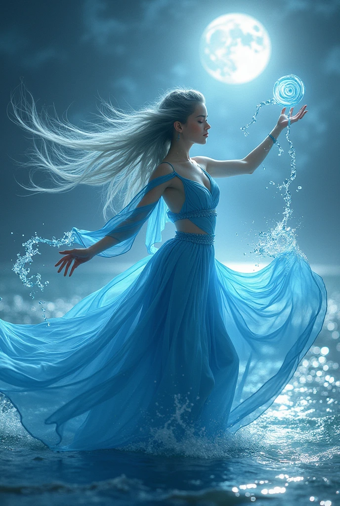 A graceful full-body action shot of "Aquamirage," a dancer who controls the water. She is dressed in flowing blue garments that mimic the motion of waves, her long aqua-colored hair flowing around her. In one hand, she holds a staff with a swirling orb of water at the tip, and around her, water forms into delicate patterns and shapes. The background is a serene ocean scene, with the surface of the water shimmering under the moonlight, reflecting her dance.