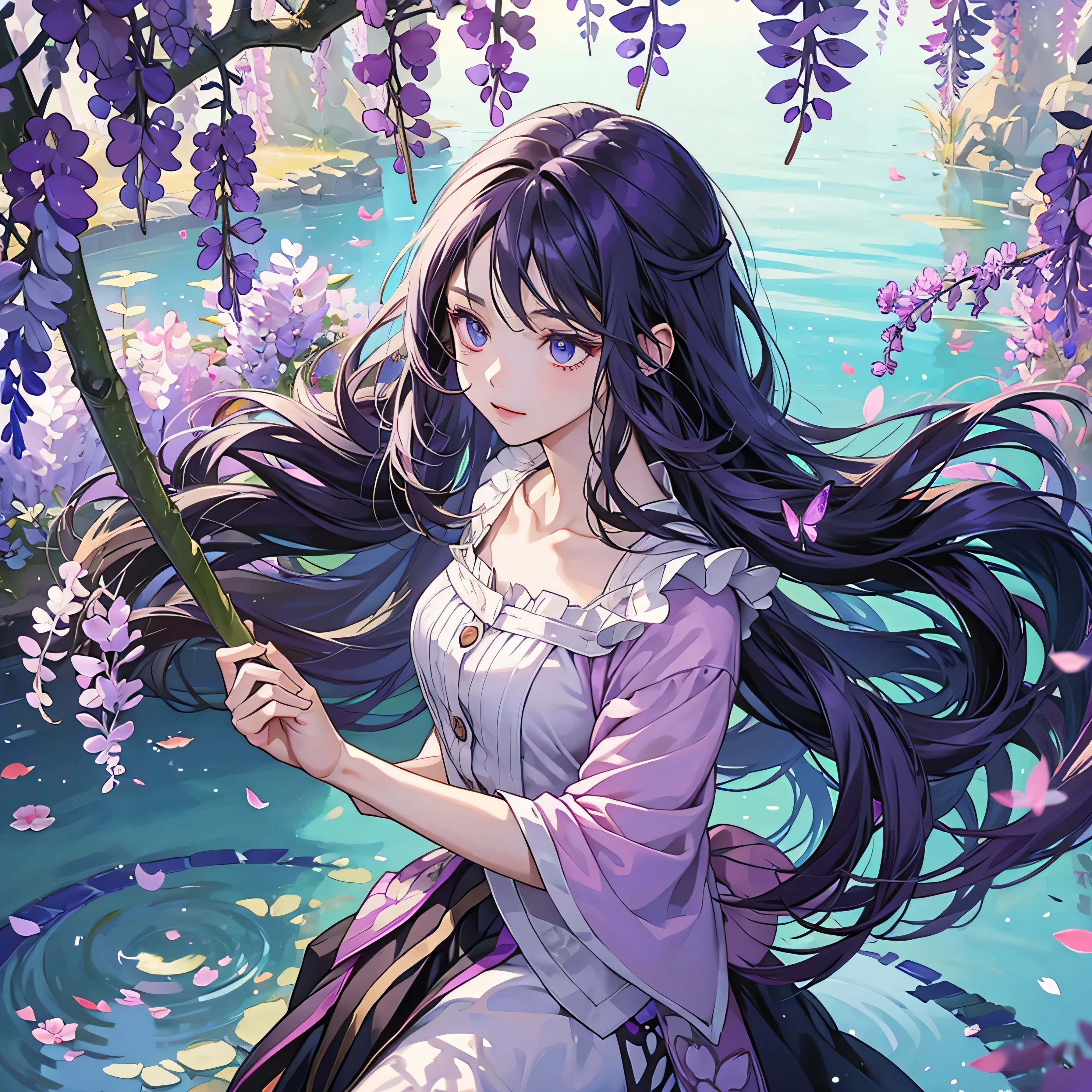 1 beautiful anime demon slayer, butterflies, lake, wisteria