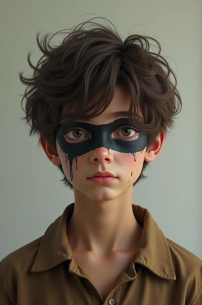 A boy to in brown shirt and black paint