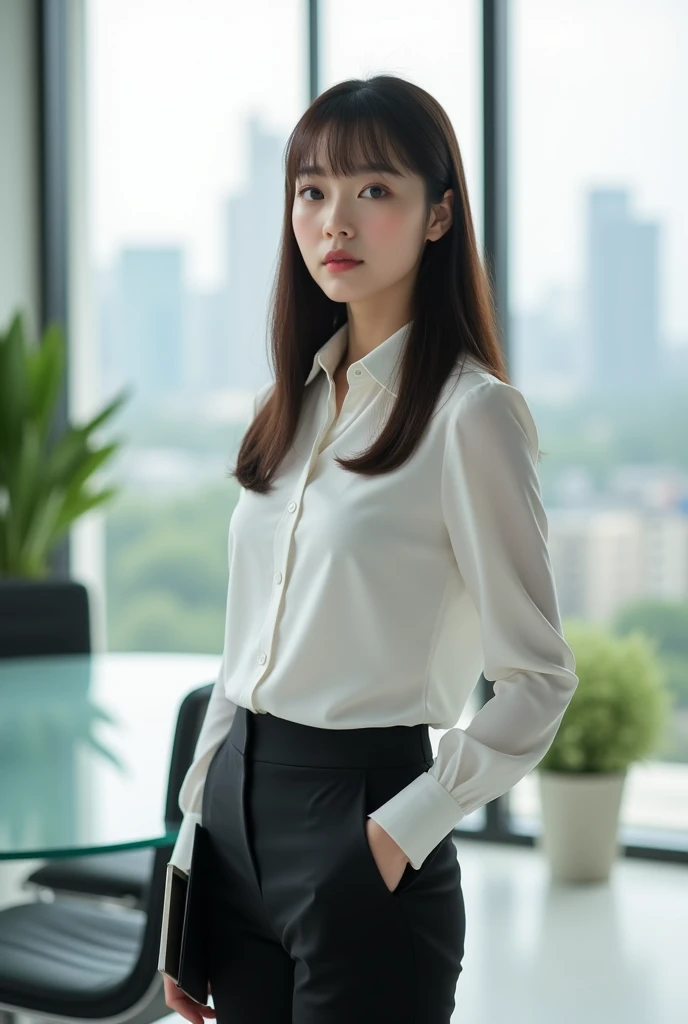 A businesswoman with a stylish Korean haircut, featuring straight, shoulder-length hair with soft bangs. She is wearing a crisp white office blouse tucked into tailored black trousers, giving her a sleek and professional look. In one hand, she is holding a tablet close to her side, while her other hand is casually tucked into her pocket, conveying confidence and ease. She is standing in a modern office setting with a minimalist design, featuring a glass desk, a few potted plants, and a city skyline visible through the large window behind her. The natural light illuminates her poised and focused demeanor.