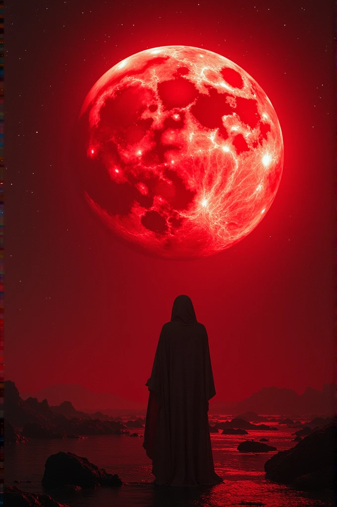 I want to create a picture best for wallpaper,in this picture there is a moon in space which is bleeding ,make space look red,make this seen looking like someone is watching it through space ship,make the moon over cinematic,the moon should be covered in deep red glowing blood looking like lava