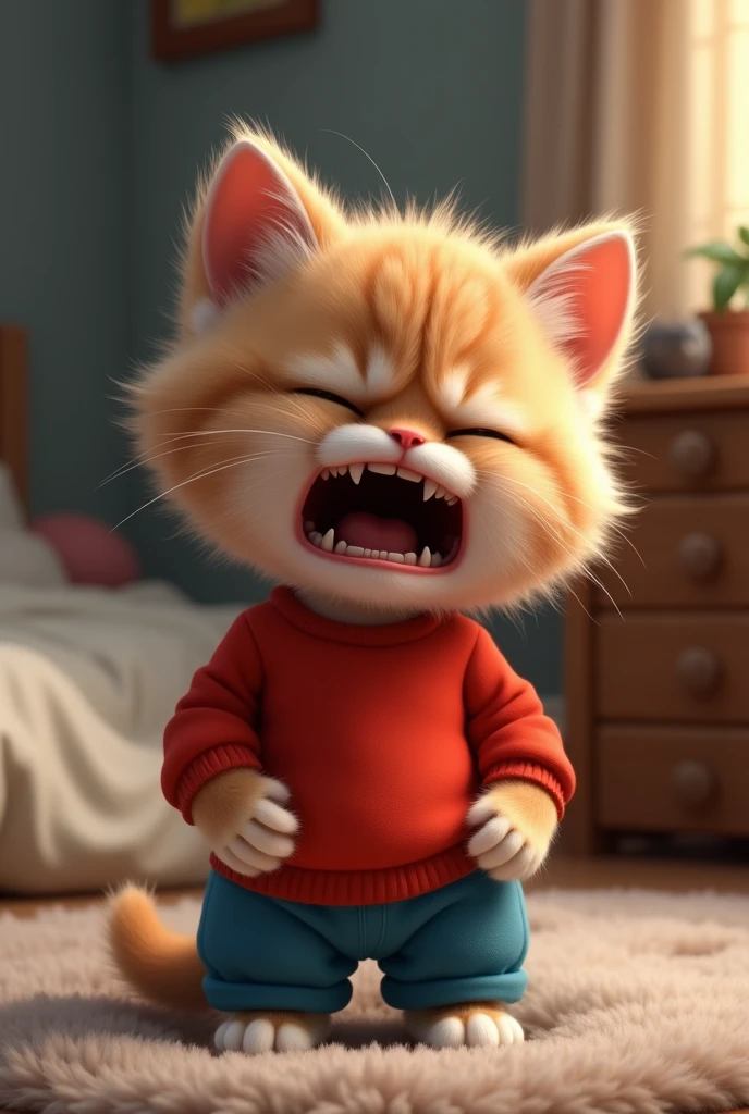 A kitten wearing a red shirt and blue pants, crying very hard with its mouth open, alone in the bedroom.