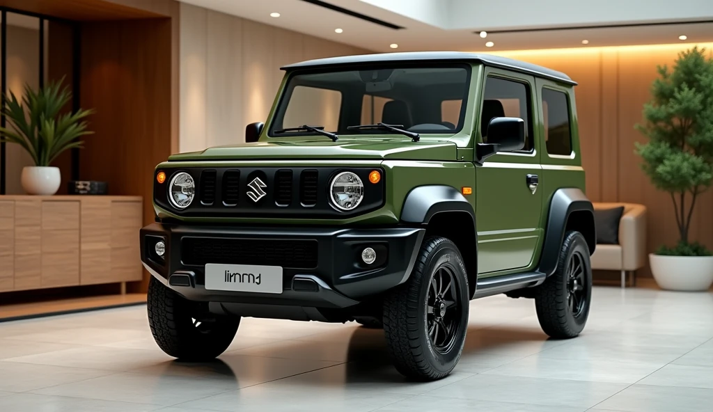 show room park a Suzuki Jimny with a combination of black and army colors car image luck like real and showroom note a luxury