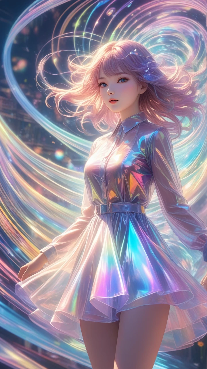 1girl, transparent colored PVC clothing, transparent colored vinyl clothing, prismatic, holographic, chromatic aberration, fantasy world, volumetric lighting, glowing elements, surreal, dreamlike, vibrant colors, ethereal, whimsical, mystical, abstract background, swirling energy, psychedelic, otherworldly, iridescent, shimmering, pearlescent, neon highlights, diffraction patterns, mesmerizing, hypnotic, transcendent