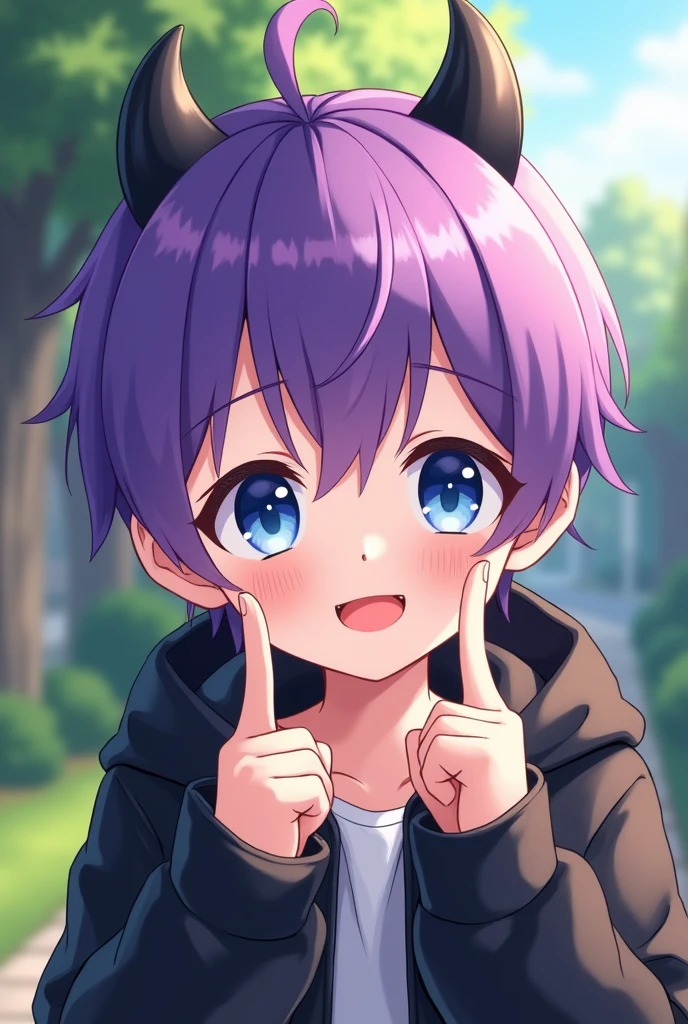 anime art, cute boy with bright purple hair, blue eyes, wearing a black jacket, and has black small devil horns, posing with two fingers in a front yard ,white skinned and short haired 