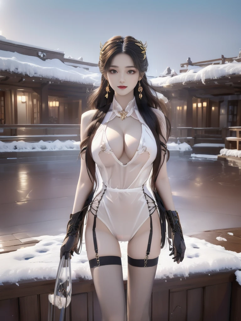 ((night, Doomsday ruins, Swimming pool, moonlight)), ((8K Ultra HD, 8K, Ultra-high resolution, best quality, masterpiece, Surrealism, Digital SLR Camera, Soft Light, Bokeh, Masterpieces)), ((Creating the image of a real girl), warm light, Realistic shadows, Dynamic poses, Elegant Posture, Cowboy lens, Full body front view, Be confident, Facing the camera, Glasses looking towards camera lens, Standing posture, Open your legs slightly, Golden Ratio Graphics, Minimalism), (Happy smile, Big watery eyes, Cherry Blossom, Balanced Eyes, Perfect beautiful face, Normal facial features, Realistic skin, Attention to skin details, Skin is clean and radiant, Whitening, Anatomically correct body, 沙漏型figure, figure, cosmetic, Gloves, earrings, bracelet, necklace, Jewelry, veil, Hair accessories, shawl), ((beautiful hair), Reddish-brown hair, Wavy curly hairstyle, Waist-length hair, Messy Hairstyle, Gradient hairstyles, Cyberpunk hairstyle), ((Transparent clothes:2.0), (Color of clothes: Red and white), Ultra-transparent PVC clothing), (Sexy的, Perfect breast shape, Teardrop chest shape, Snow-white breasts, very detailed breasts, 36C cups), (Super high waist, Deep V, Low-cut, Sexy, Flattering, Open crotch, (Camel toe, High fork strangulation)), (sock, Knee socks, 吊garter, Leg ring, garter, 腿部garter), (style:Sexy,Mature), A woman, Normal limbs, Normal body parts. Normal cut clothes, Wearing revealing clothing