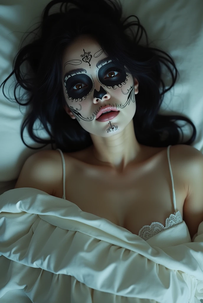 Beautiful Japanese girl with sugar skull face paint in bed, wearing underwear, looking a little sick