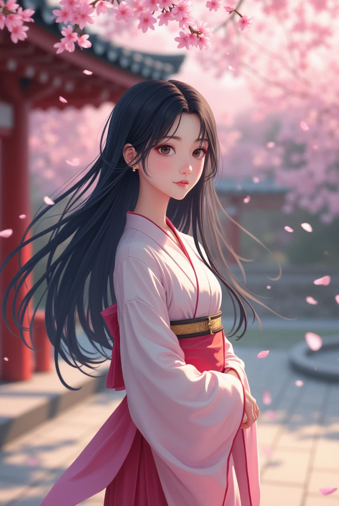 Asian japanese
At home

 「Long black hair swaying in the wind、A girl wearing traditional Japanese clothing。Her eyes are gentle、my skin is white like snow。」
	• Background and atmosphere: 「In the quiet grounds of a shrine, cherry blossom petals fluttering down、A girl with a gentle smile。Her appearance is、Harmonizing with the beautiful scenery of Japan。」