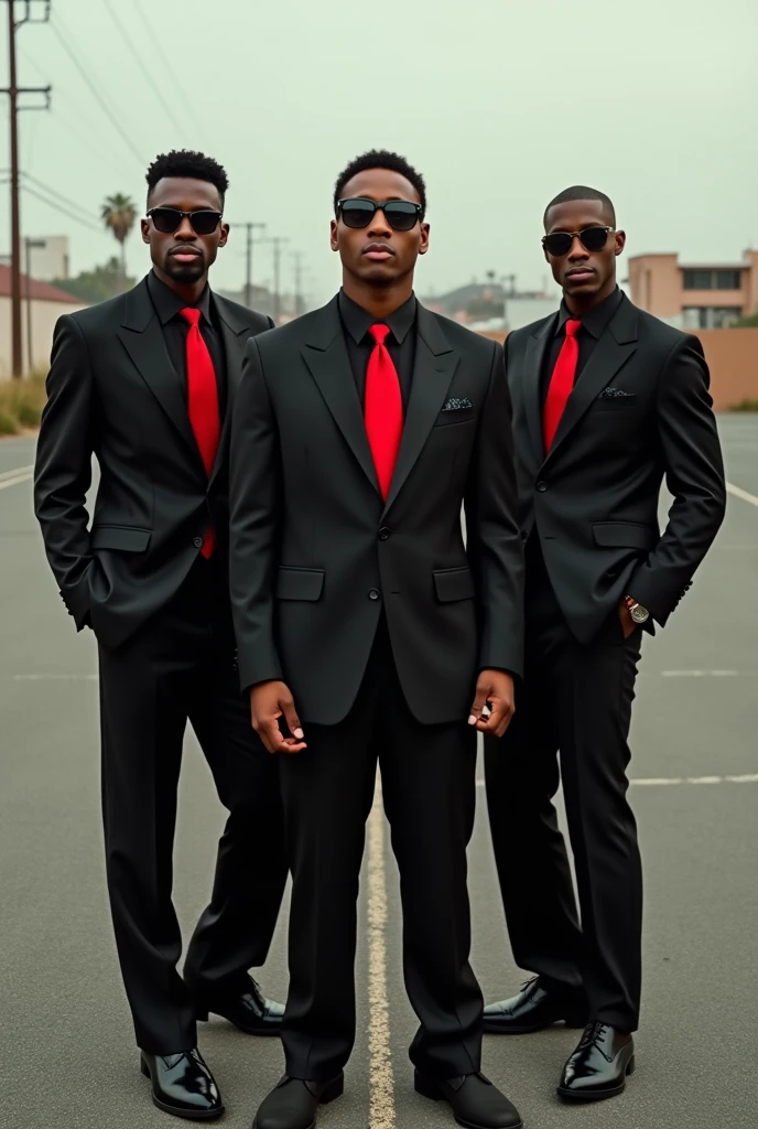 Trois artistes de soul disco en costume trois pièces noir cravate rouge sur un parking de los angeles en arrière plan