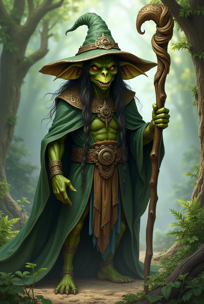 Long Eared Green Goblin. He has a big hat, a wizard's robe and a decorated wooden staff. He is a shaman of nature. He looks mean and smart