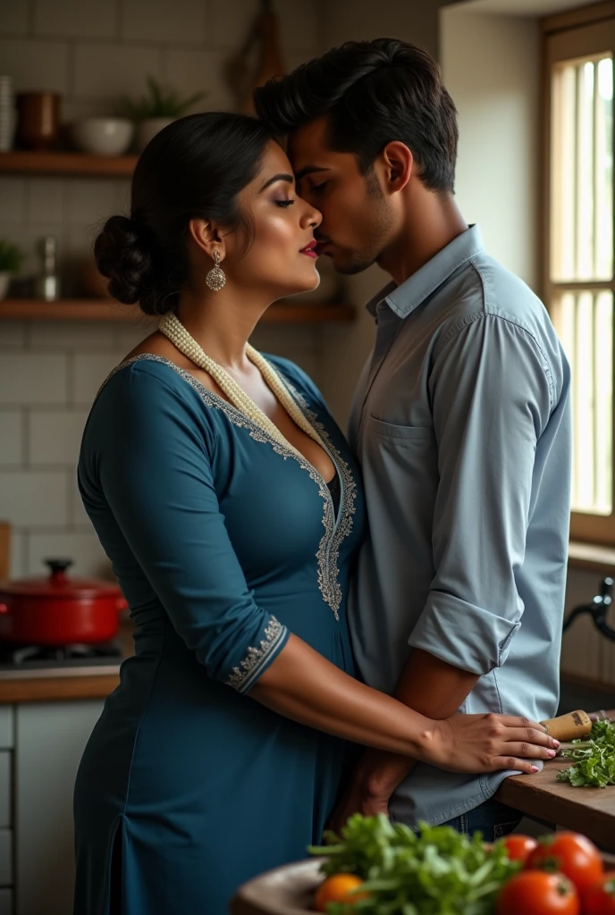 photo of Mature Indian Aunty, Sexy Curves, Wearing Blue Tight Kurti and White Stole around her neck, Large U Cut cleavage exposed, Standing in the Kitchen and cutting Vegetables, Turning her head back and Kissing a Slim Boy standing Behind Sensually.