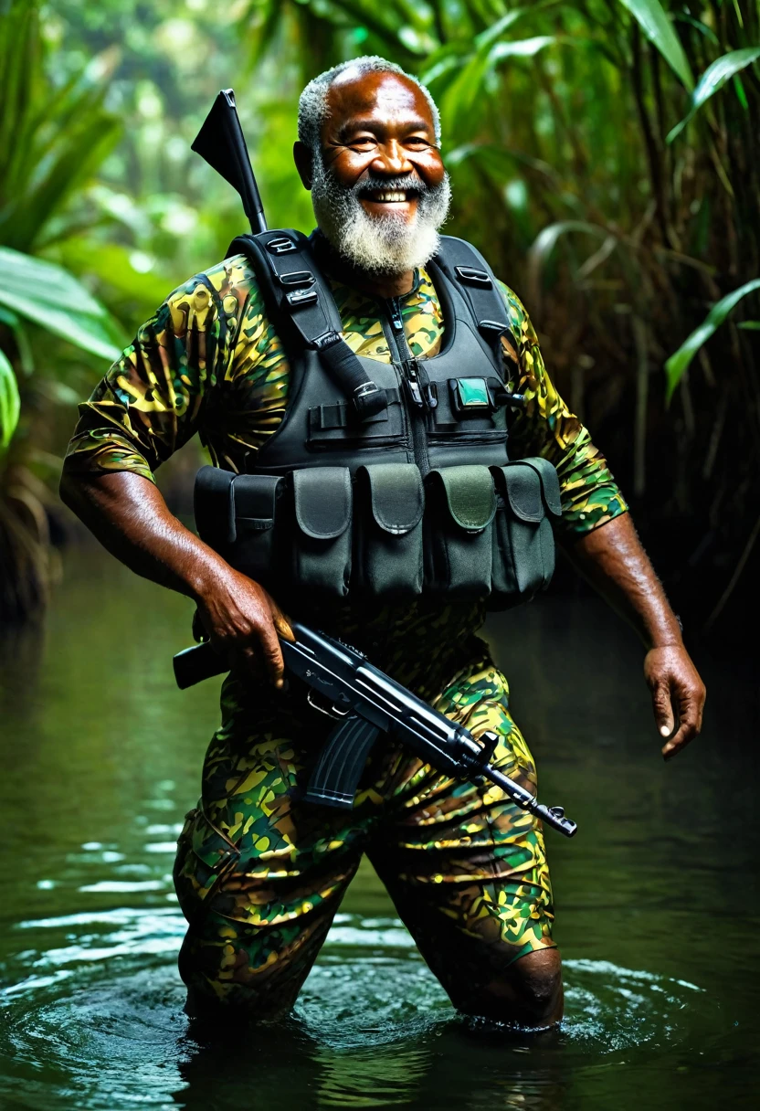 (a dark-skinned fat bearded papua old man in a skintight camouflage zipper diver suit), carrying an AK-47, muscular, imposing stature, Basuki Abdullah style, sumatraism, action, (a character portrait), smiling, heroic, fierce expression, vibrant colors, deep shadows, intense lighting, dramatic atmosphere, swimming in swamp, visual depth, lucid detail, ultra-detailed, ultra-realistic, professional, best quality. patrolling