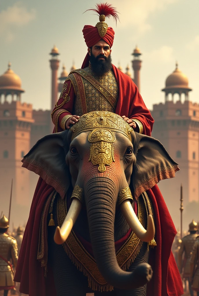 Mughal General: A powerful Mughal general dressed in royal battle attire, with an ornate chest plate and a tall feathered turban. He rides a majestic war elephant adorned with golden armor, with a historic fort and an army of soldiers visible in the background.