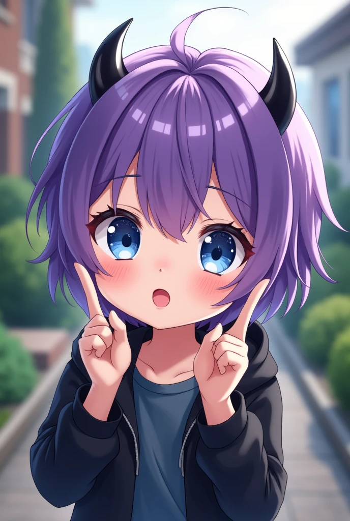 anime art, cute boy with bright purple hair, blue eyes, wearing a black jacket, and has black small devil horns, posing with two fingers in a front yard ,white skinned and short haired