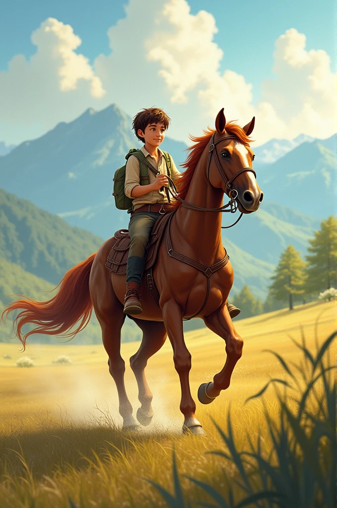 Generate a picture a boy on a brown horse rides through the day 
