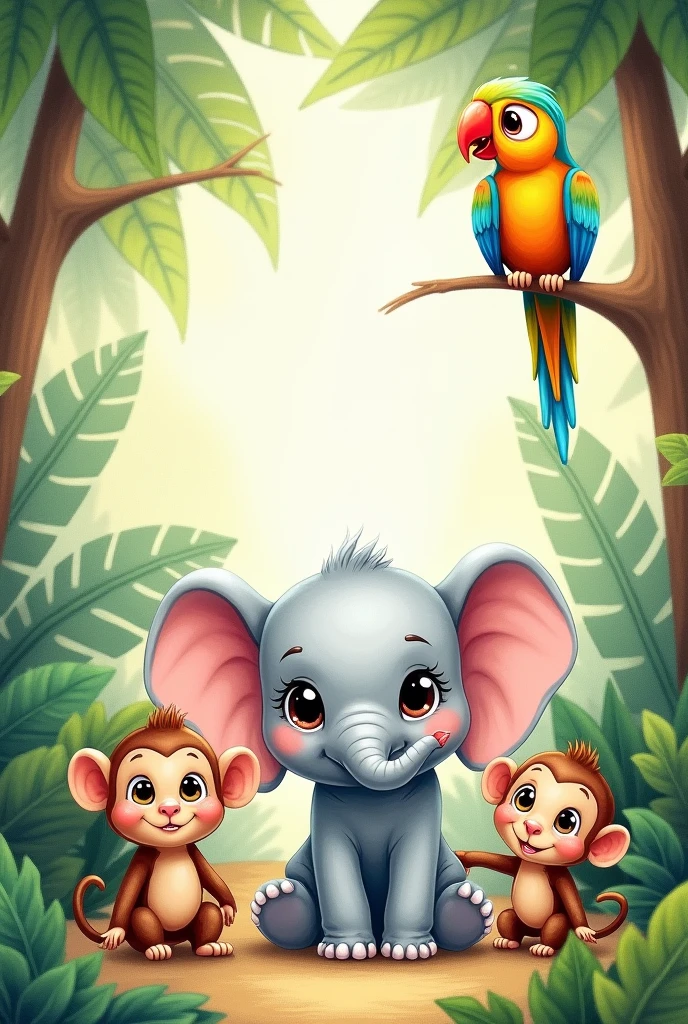 Ultra-realistic illustrative drawing of jungle animals, featuring a playful and colorful scene of a baby elephant, a cute monkey, and a small parrot sitting on a tree branch, surrounded by lush green jungle foliage. The image should have a childish and soft drawing style with pastel colors, creating a serene and cheerful atmosphere. The poster format should emphasize the cuteness of the animals with big, expressive eyes and soft textures. Art styles inspired by children's book illustrations, such as {Beatrix Potter} and {Mary Blair}. Soft lighting with gentle shadows, captured in a front-facing shot, ensuring all animals are clearly visible. Rendered in high resolution with soft pencil and watercolor effects for a dreamy, delicate finish.
