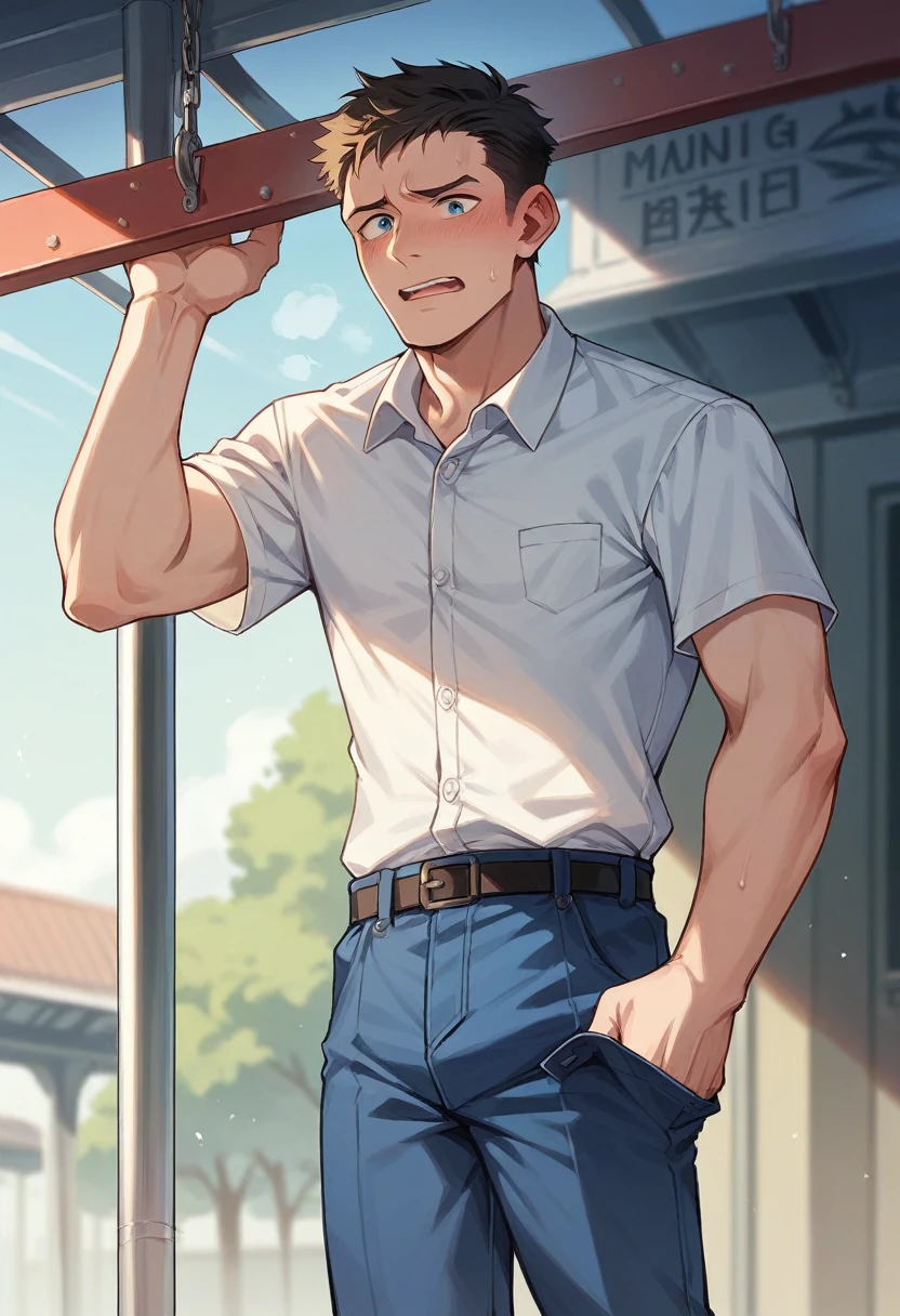 20 years old slender and mascular man, morning train station, wearing blue pants suits, white short sleeve shirt. He is ashamed of himself.