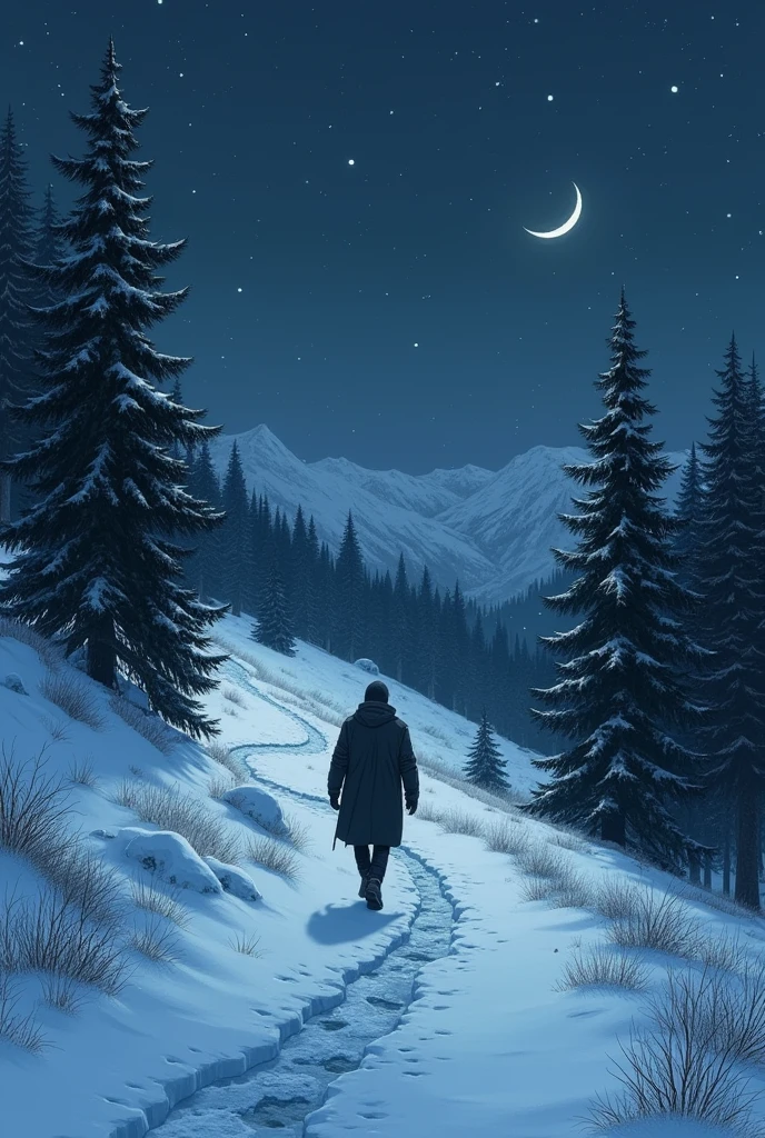 lonely man walking down the hill, snow, anime, sad, stars, moon, trees