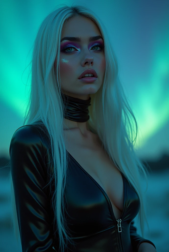 hyperrealistic image, phone camera, hd resolution, woman, exotic features, artistic makeup, conceptual pose, artistic expression, instagram photo style, woman, exotic, attractive eyes, intergalactic, natural lighting, night, aurora borealis, extraterrestrial, exotic makeup, shine makeup, shine skin, colored eyeshadow, exotic pose, half body angle, white hair, subtle colored highlights,alien vibe, full body image, subtle alien characteristics, little clothing, latex clothing, white clothing, second skin clothing, tight clothing, hands positioned like a model's, shiny body, alien, long hair,very straight hair, flying hair strange woman, eyes apart, big eyes, very shiny skin, body skin shine, long straight hair, straight hair, white clothes, latex clothes, loose hair, open legs, full body, very sexy, pleasure face