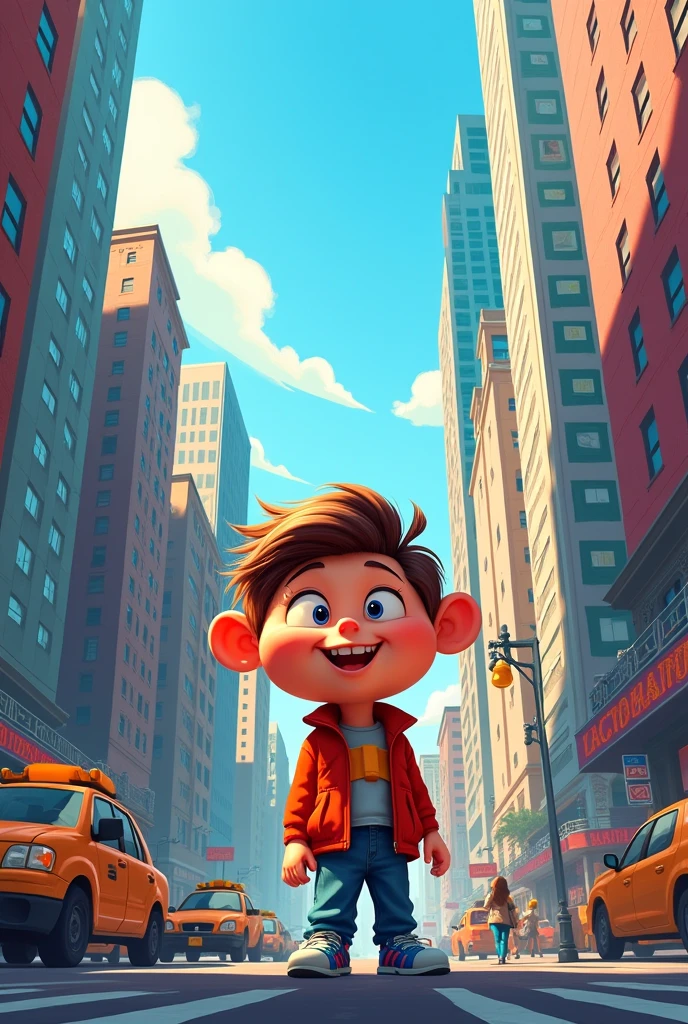 cartoon drawing Character in a city in caus in the background