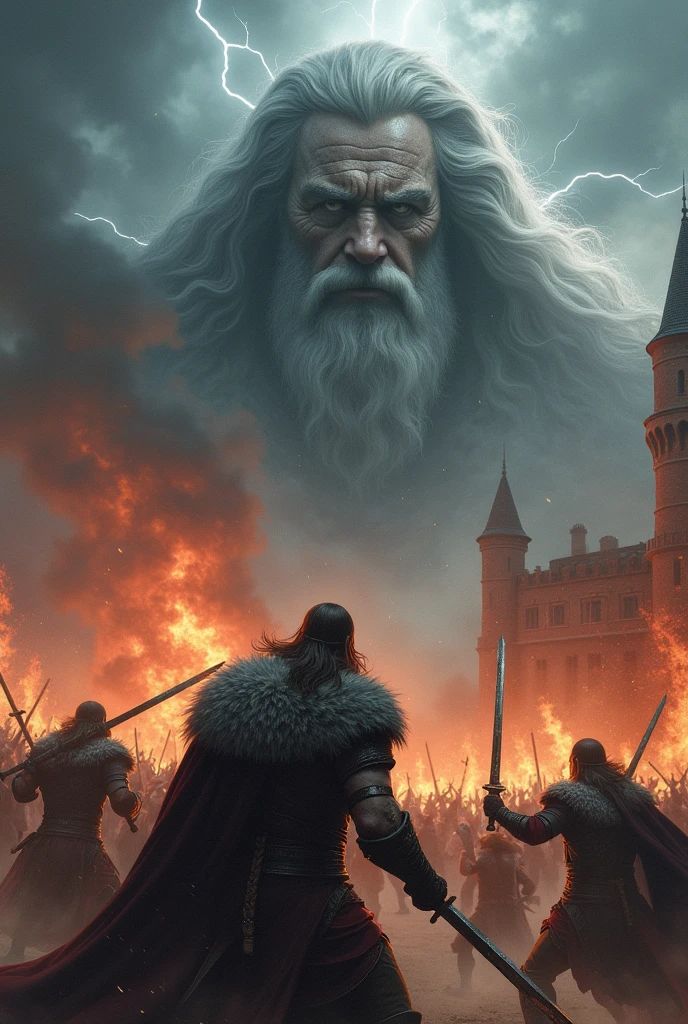 burning castle, natta, viking warriors in battle, lightning, face of a God with gray hair and beard with one eye appearing in the clouds