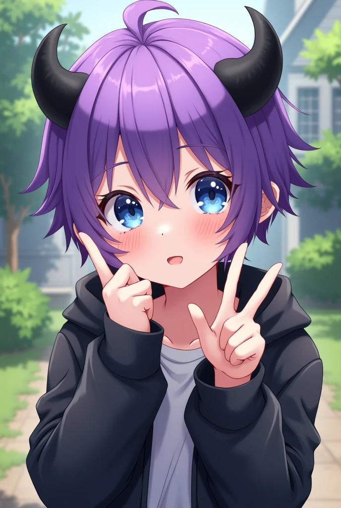 anime art, cute boy with bright purple hair, blue eyes, wearing a black jacket, and has black small devil horns, posing with two fingers in a front yard ,white skinned and short haired 