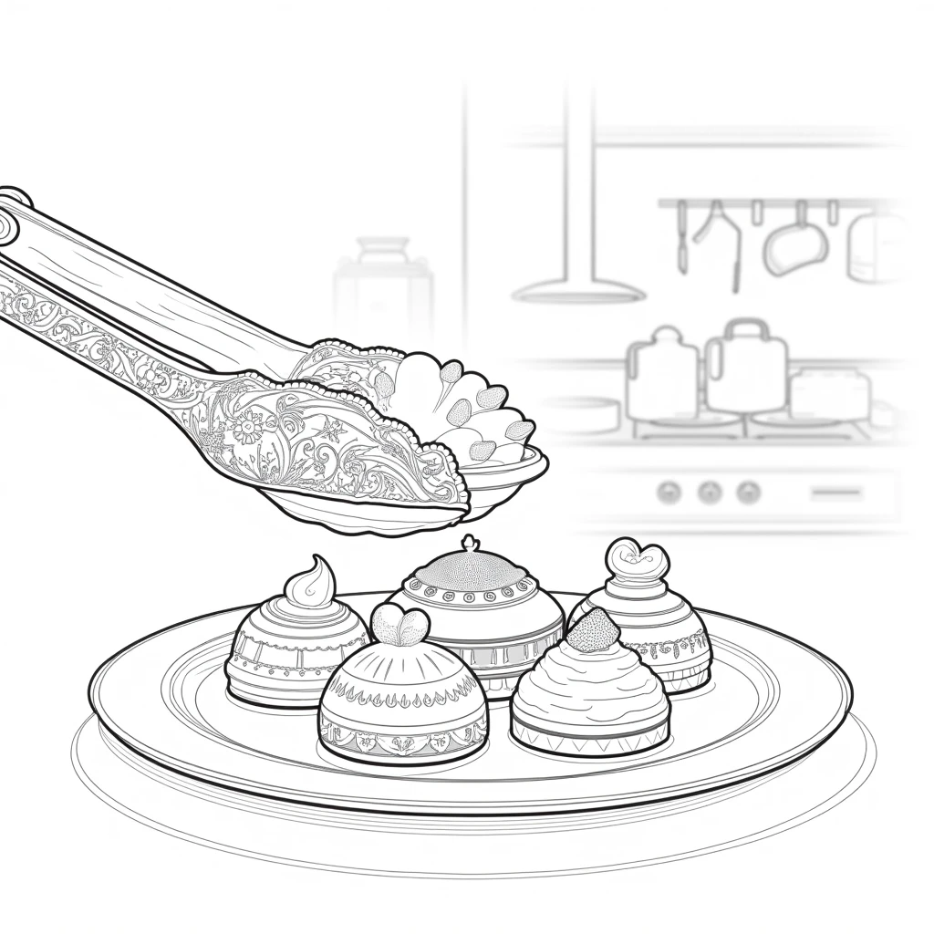 Draw a pair of indian tongs serving desserts from a plate, in the background add the scene of a kitchen generate high quality image, black and white line art image 