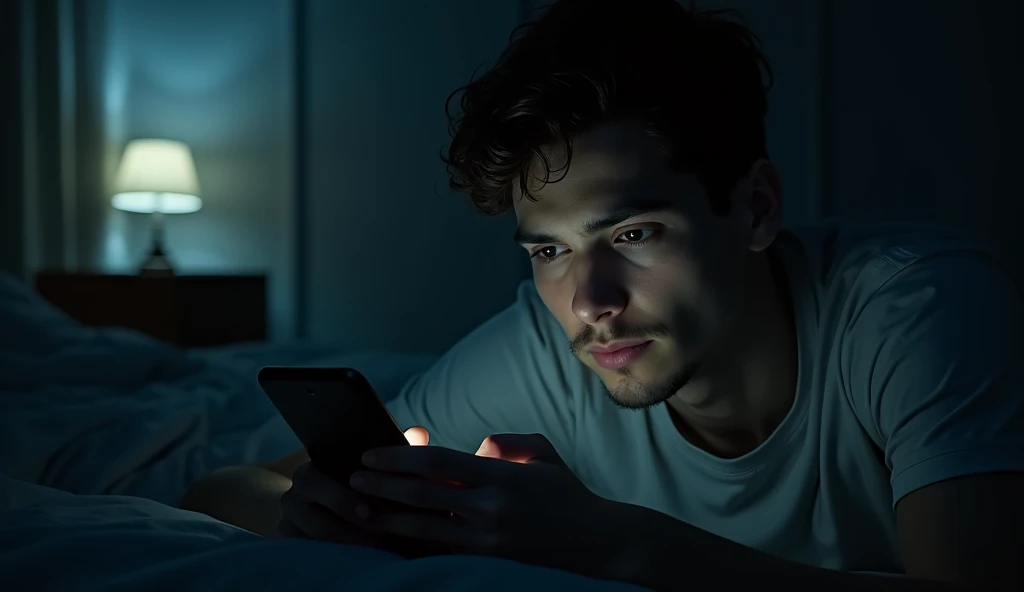 A young man lies in his dark room and stares at the mobile screen