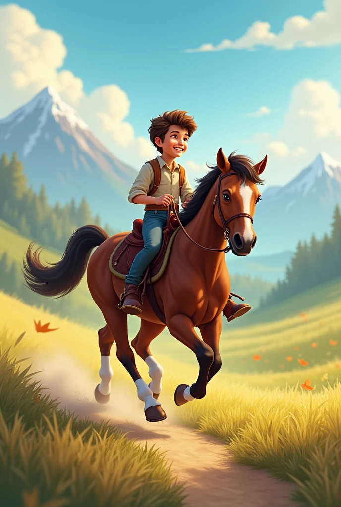 Generate a picture a boy on a brown horse rides through the day