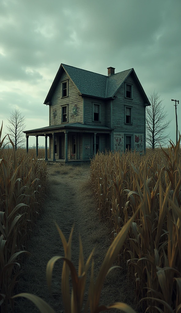 Isolated in the middle of a desolate field, this farmhouse is surrounded by overgrown cornfields that rustle without wind. The house is old and weathered, its wooden panels splattered with dried blood. Inside, the stench of death and decay is overpowering, and the walls are covered in old, faded newspapers detailing unsolved murders. The kitchen table is set for a meal that never happened, and in the basement, chains dangle from the ceiling, swaying as if recently used. The faint sound of someone sobbing echoes through the halls, and claw marks gouge the walls leading to the attic. Can you survive the night in this house of horrors?