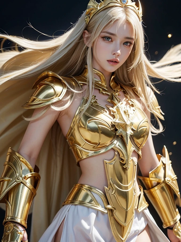 Attractive 1 Russian famous model, Light blonde hair, Close-up of a woman wearing only armor and a white cloak made of gold metal chains, Beautifully patterned gold armor, Sailor Galaxy, God Emperor of Mankind, She only wears golden armor, Saint Seiya, Gold Paladin, Light Gold Armor, welcome, Wearing only gold armor, Rotten metal, Wearing only shining gold armor, Gold Armor, Wearing only shining gold armor, The welcomes of gold, Charismatic, Model standing，The whole body shines like a diamond，