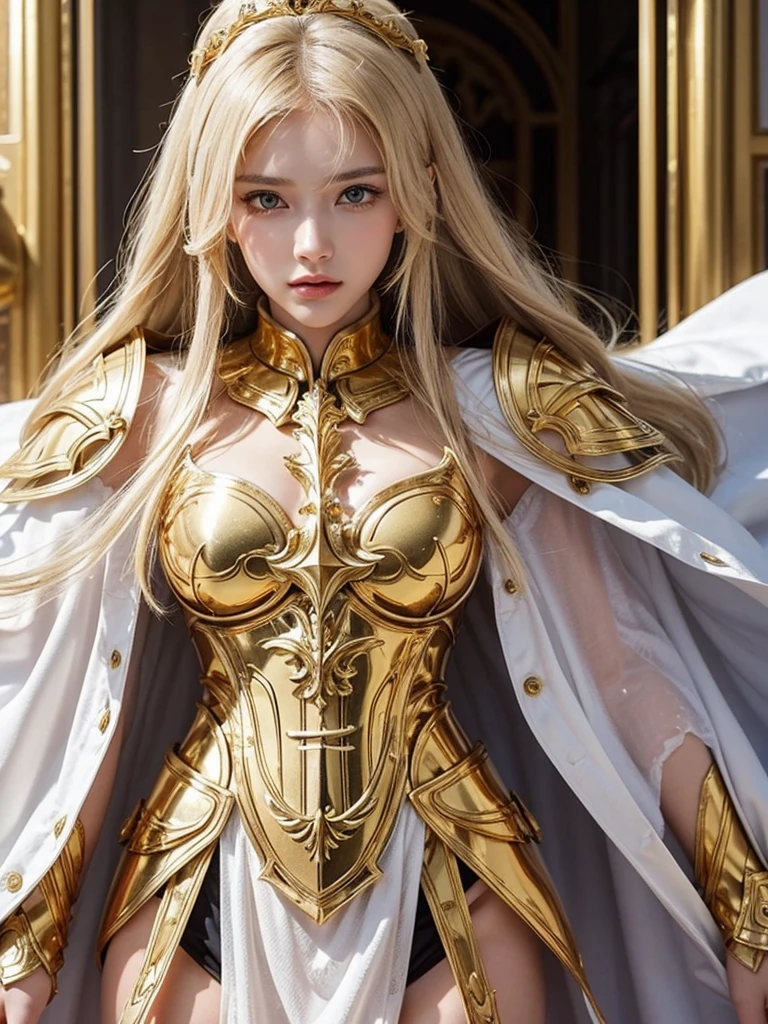 Attractive 1 Russian famous model, Light blonde hair, Close-up of a woman wearing only armor and a white cloak made of gold metal chains, Beautifully patterned gold armor, Sailor Galaxy, God Emperor of Mankind, She only wears golden armor, Saint Seiya, Gold Paladin, Light Gold Armor, welcome, Wearing only gold armor, Rotten metal, Wearing only shining gold armor, Gold Armor, Wearing only shining gold armor, The welcomes of gold, Charismatic, Model standing,The whole body shines like a diamond,