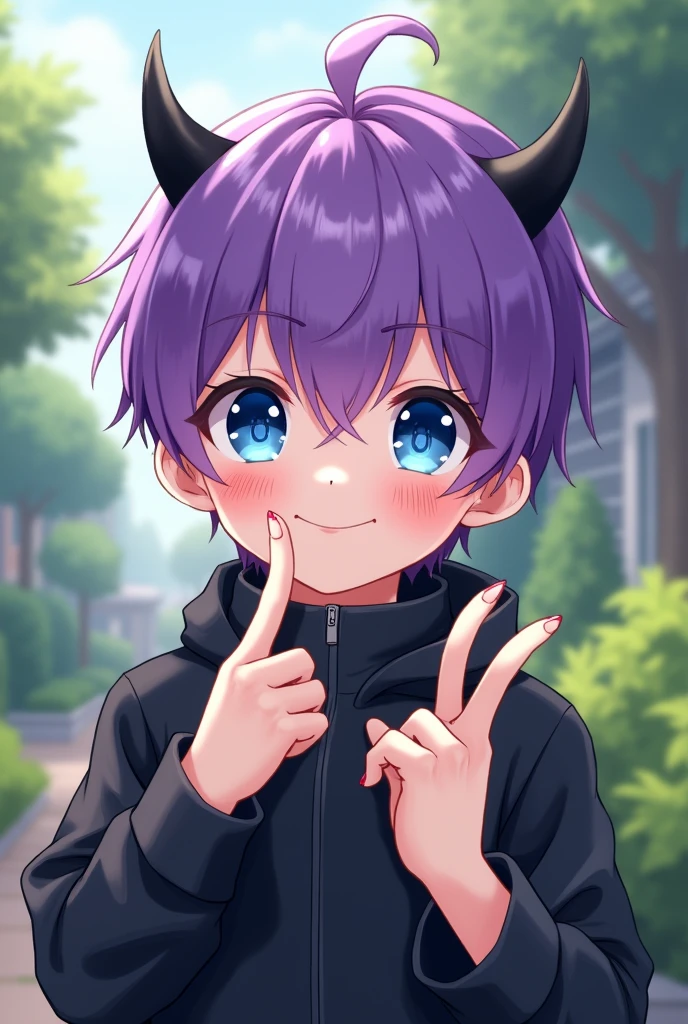 anime art, cute boy with bright purple hair, blue eyes, wearing a black jacket, and has black small devil horns, posing with two fingers in a front yard ,white skinned and short haired 