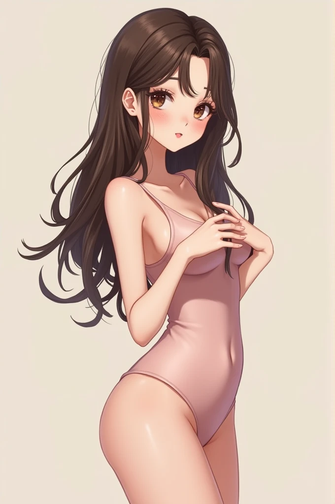 A cute Korean anime girl with breast size 110 cm, waist very thin, hip size 91 cm. Brown hair, 