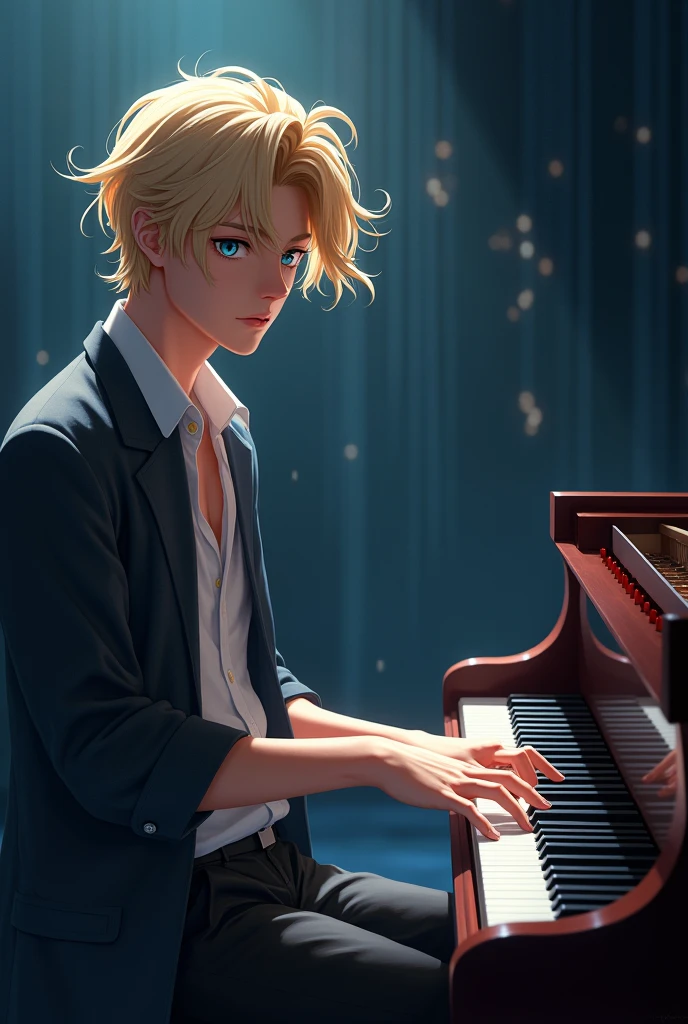 pianist　Performing　male　20th Generation　Blonde　Long Hair　Blue Eye　shirt　Open-neck jacket