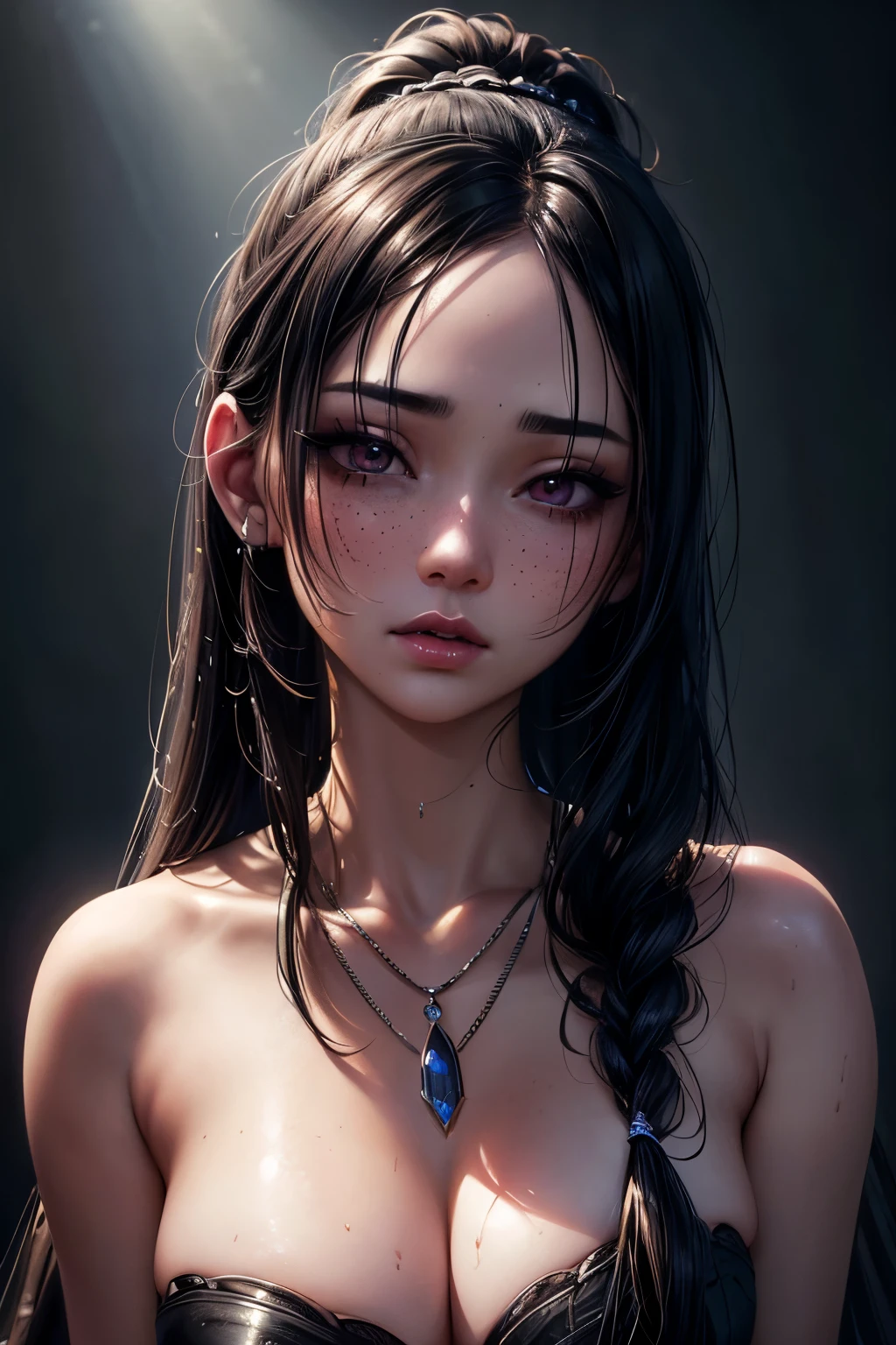 Kaori, Single model, solo, half Asian, half Latino, very long straight black hair, high ponytail, freckles, blushing, wet eyes, long chain pendant, very large heavy breasts, chubby, belly, stretchmarks, (best quality,4k,8k,highres,masterpiece:1.2),ultra-detailed,(realistic,photorealistic,photo-realistic:1.37),detailed portrait, cinematic lighting, natural skin texture, intricate details, dramatic colors, moody atmosphere, heavy eye shadow, mascara, succubus 