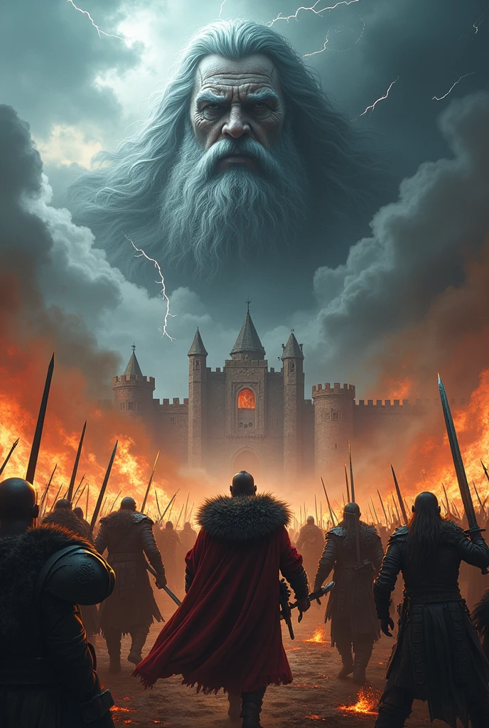 burning castle, natta, viking warriors in battle, lightning, face of a God with gray hair and beard with one eye appearing in the clouds