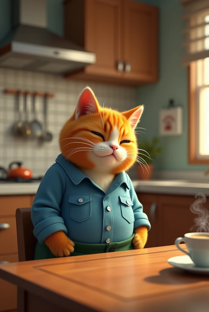 An orange cat wearing a blue shirt and green pants is thinking hard alone in the kitchen.