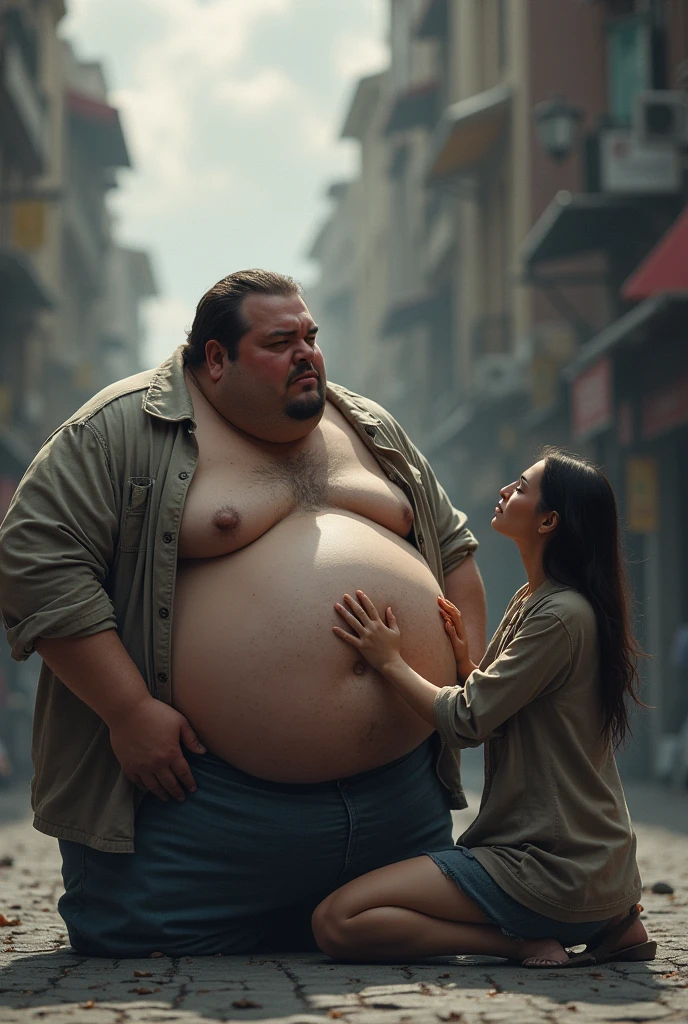 A young man with an enormous belly is laying on the street. He looks hopeless because he can’t stand up. He is so very big that he can’t stand up. He looks sad. He lays on top of his belly. A women is trying to help him. The man looks at the women 