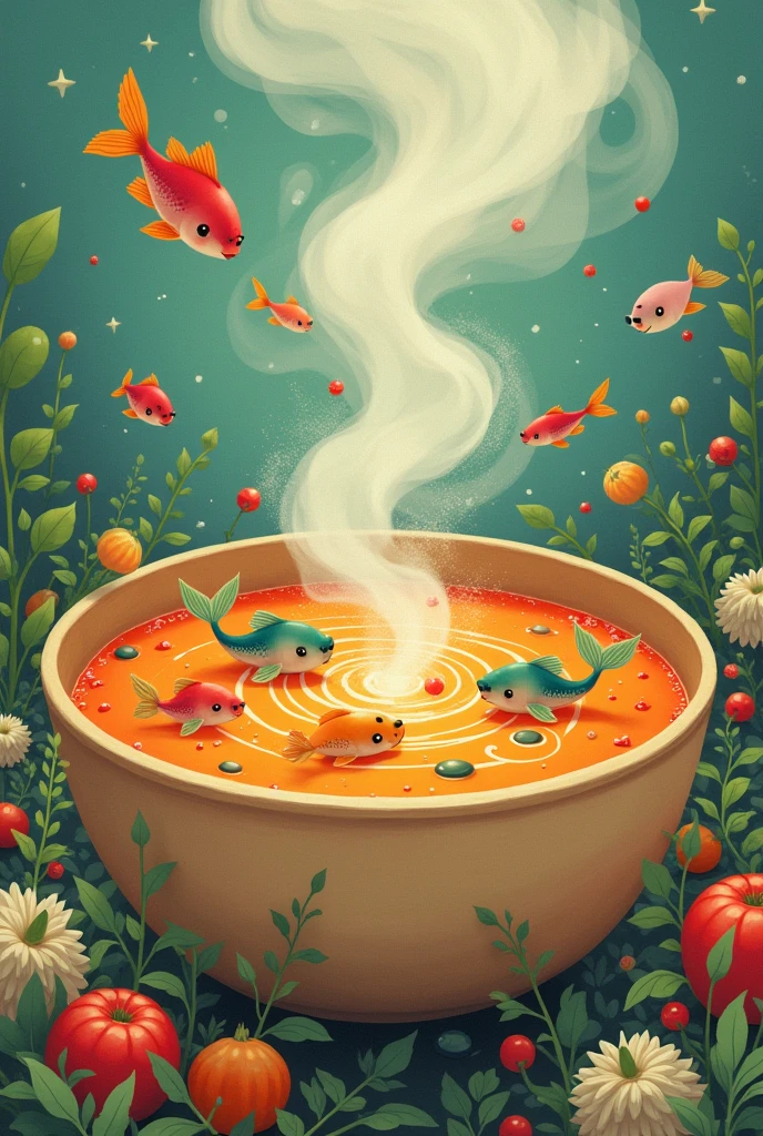 "A whimsical illustration of a large bowl of soup filled with tiny mermaids and various colorful fish. The mermaids are playfully swimming around, their small tails flicking above the surface of the soup. The fish are swimming alongside them, some with curious expressions. The soup is steaming hot, with herbs and vegetables floating around. The overall scene is lighthearted and imaginative, mixing fantasy with the unexpected."