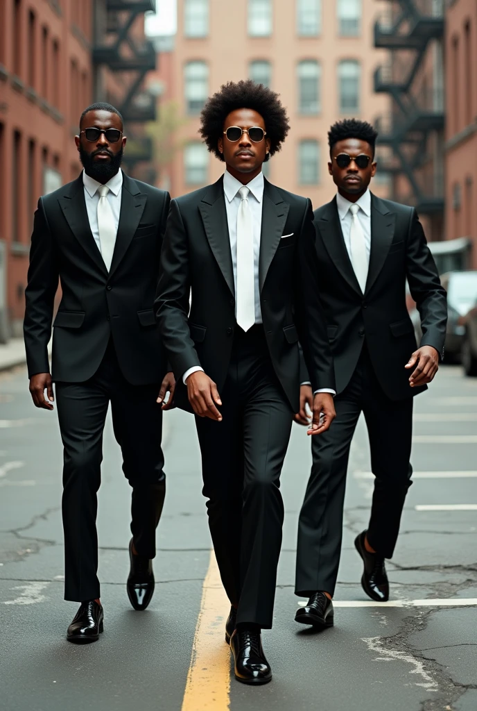 Trois artistes de funk disco en costume trois pièces noir cravate blanche sur un parking de Brooklyn en arrière plan