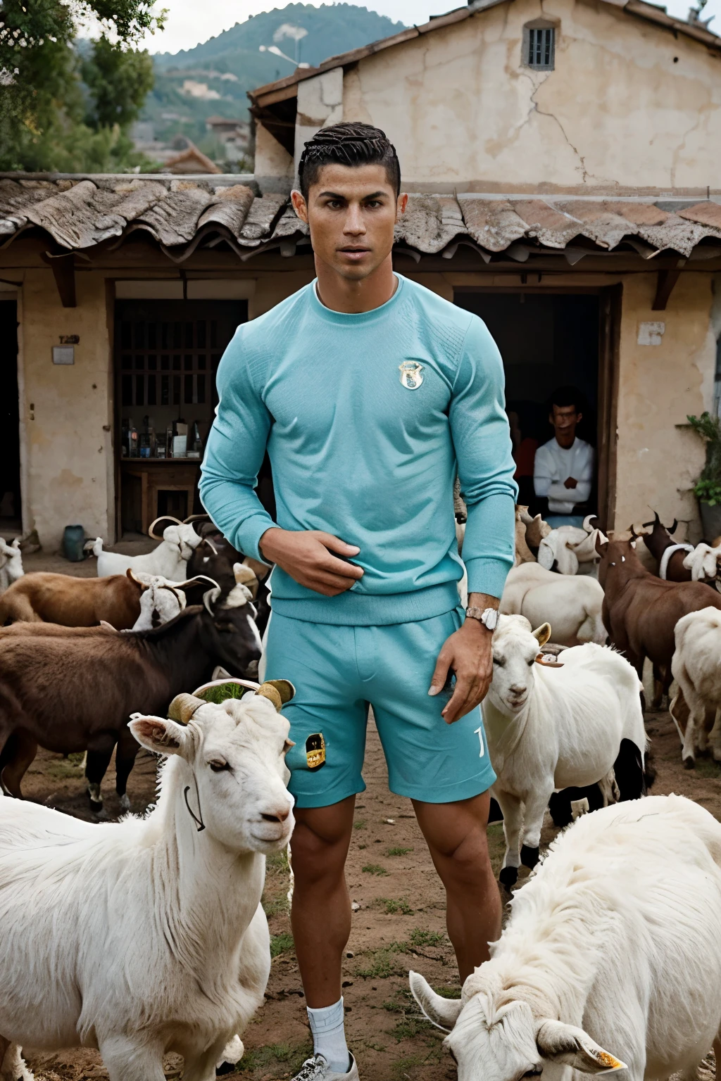 Cristiano Ronaldo Surrounded by6 too many goats in a village