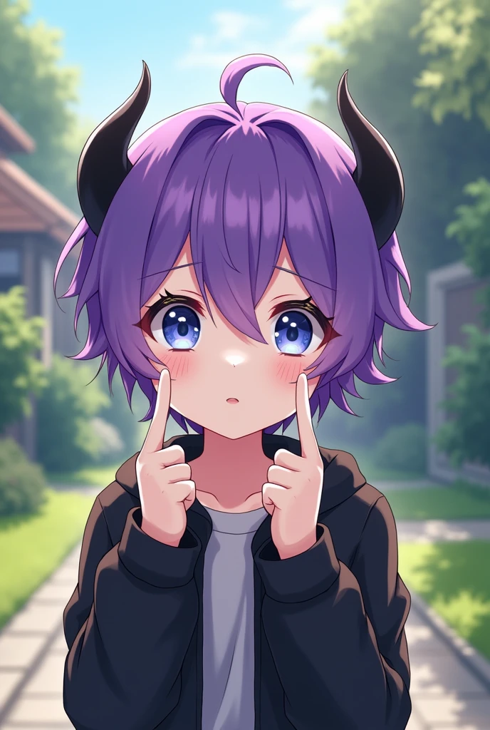anime art, cute boy with bright purple hair, blue eyes, wearing a black jacket, and has black small devil horns, posing with two fingers in a front yard ,white skinned and short haired