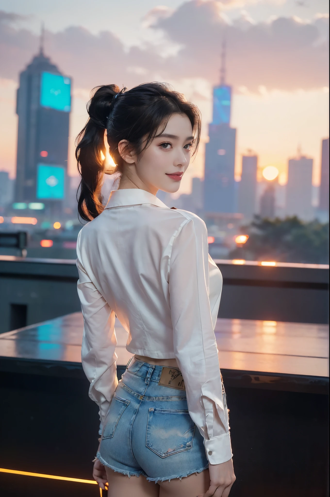 (((best quality))),(((ultra detailed))),(((masterpiece))),illustration,((1 beautiful girl,solo)),((short half ponytail,short hair)),(fair skin:1.3),(detailed eyes:1.3),(smile:1.3),((slim,thin)),((bare back,towering hips,butt crack)), (white collared sleeved shirt:1.3), (micro denim shorts:1.2),(standing:1.3),((vibrant colors, soft glow)), (active and healthy lifestyle,youthful charm),((on the street,cyberpunk city, towering skyscrapers)),(warm sunset glow:1.3),(detailed background:1.3),((vivid neon signs, holographic advertisements, electric atmosphere)),(outdoor:1.3),((summer,dusk scene)),((from back,upper body))