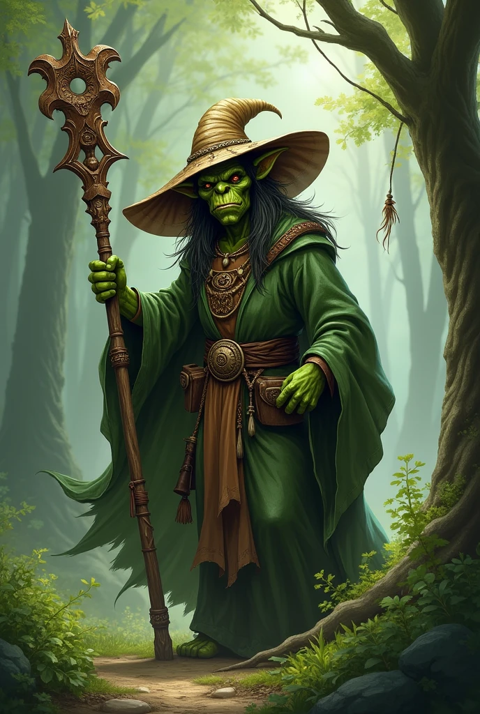 Long Eared Green Goblin. He has a big hat, a wizard's robe and a decorated wooden staff. He is a shaman of nature. He looks mean and smart