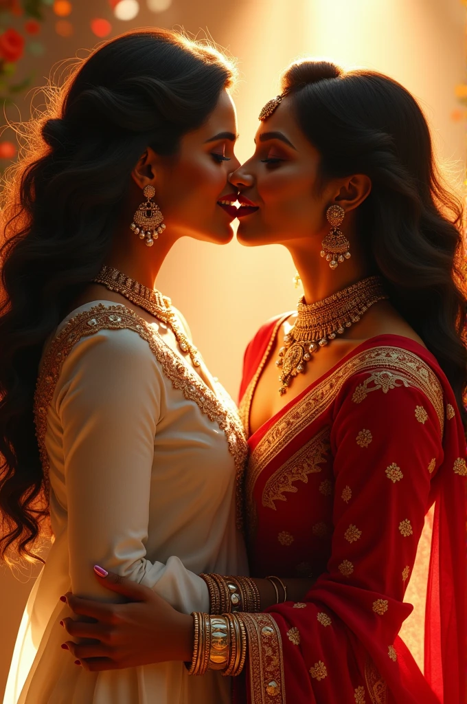Kajal aggarwal and anushka shetty lip kissing in traditional white and red dressed