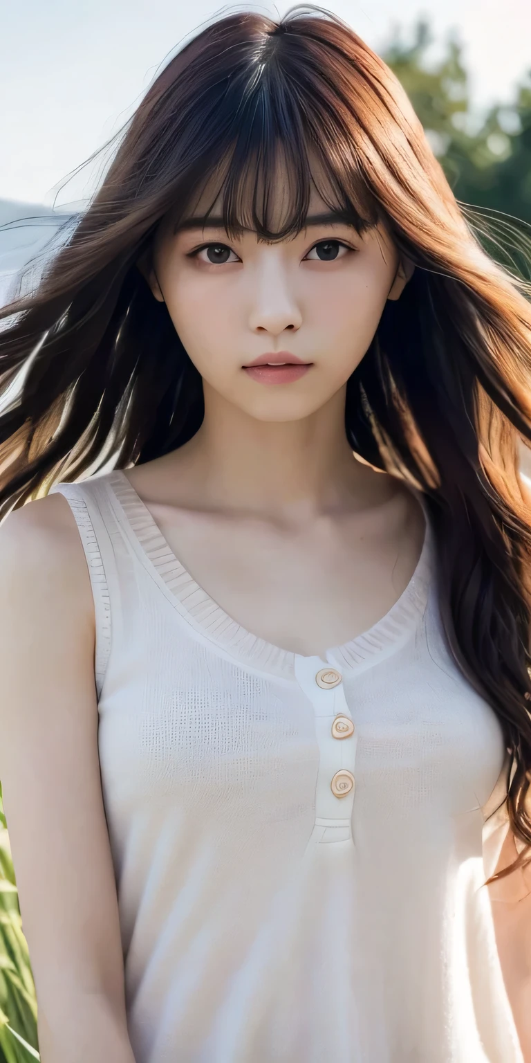 masterpiece、Highest quality, Ultra-high resolution、8k，photograph、1 girl, (Skin dents), {{Large Breasts}}, bright, Blurred Background, (Asymmetrical bangs, Please comb your hair、very long wavy hair:1.5),   (Floating Hair:1.0)、（A summer knit that fits snugly around the chest）、（Vivid pastel light purple summer knit）、Saggy breasts、Heterochromia iridis、sad、grassland、Spring Sky、Soft sunlight
